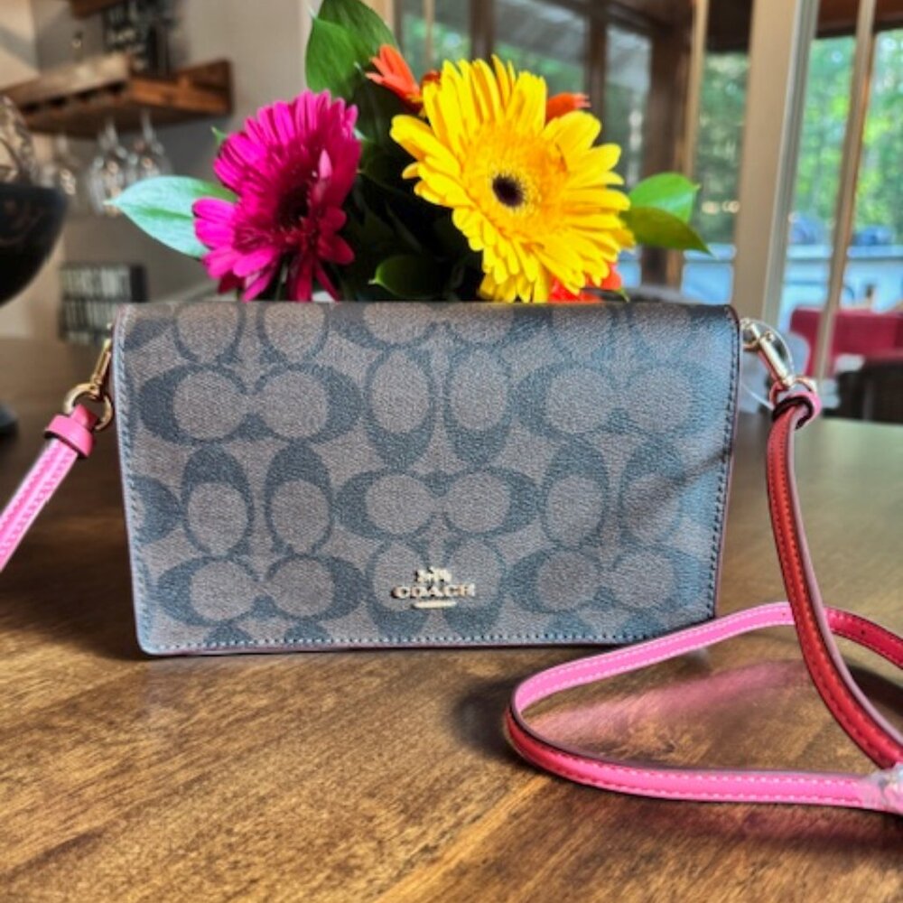 Coach Anna Foldover Clutch Crossbody In Signature Canvas Brown / Watermelon 3036